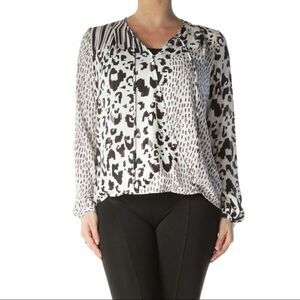 CAbi #590 Ivory Brown Print Silky Chiffon Wrap Blouse • Size XS